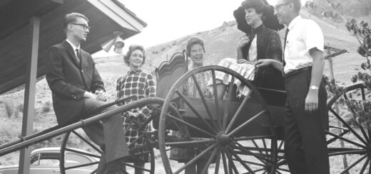 Music Theatre of Wenatchee members get in the mood for the 1969 spring production of “Oklahoma!” while gathered around a 130-year-old buggy, owned by Dr. and Mrs. Robert Hoxsey. The August 1968 planning session included, from left, Gary Montague, Jan Burt, Deanna deMers, Betty Long and Bob Rowe, Music Theatre president. World File Photo.